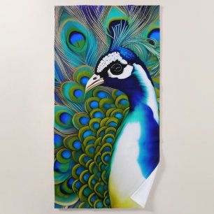 White blue and Green Piebald Peacock  Beach Towel