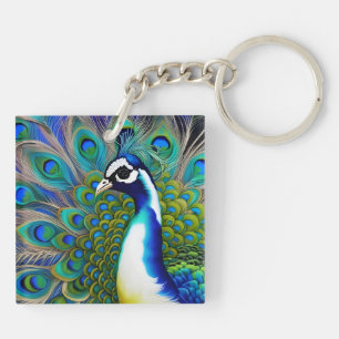 White blue and Green Piebald Peacock Keychain
