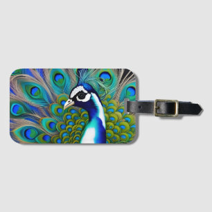 White blue and Green Piebald Peacock Luggage Tag
