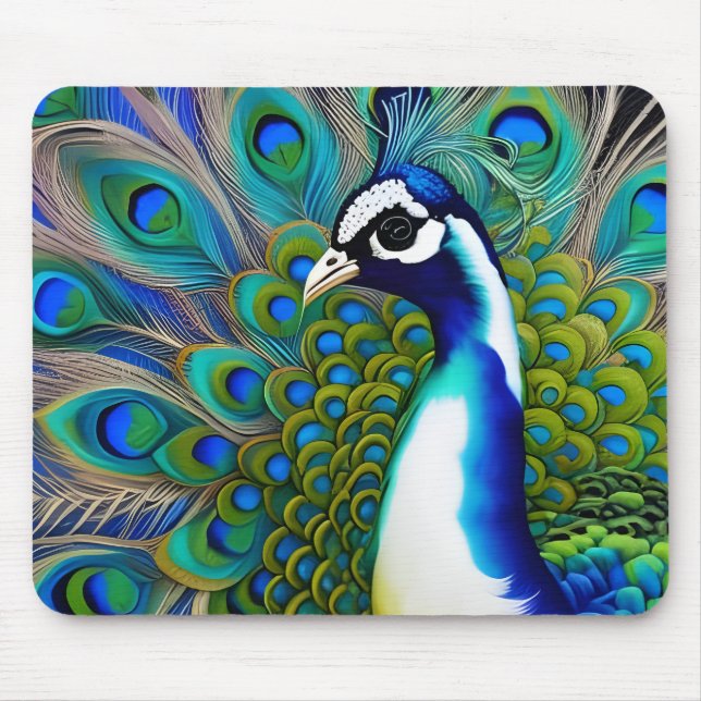 White blue and Green Piebald Peacock  Mouse Pad (Front)