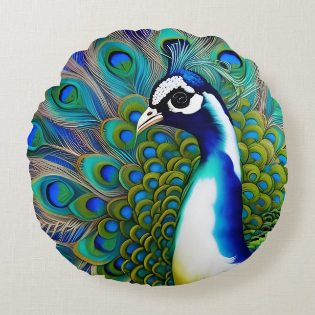 White blue and Green Piebald Peacock  Round Pillow (Front)