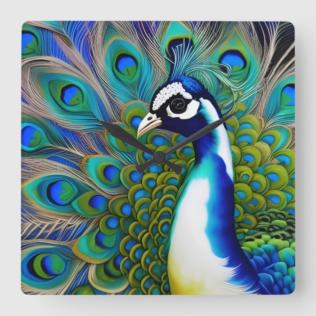 White blue and Green Piebald Peacock  Square Wall Clock (Front)