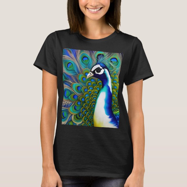 White blue and Green Piebald Peacock  T-Shirt (Front)