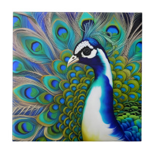 White blue and Green Piebald Peacock  Tile