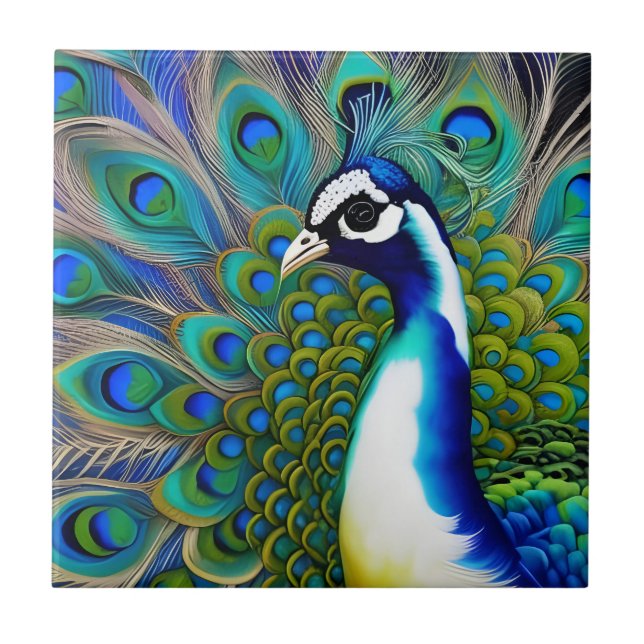 White blue and Green Piebald Peacock  Tile (Front)