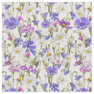 White, Blue and Purple Wildflowers Botanical  Fabric
