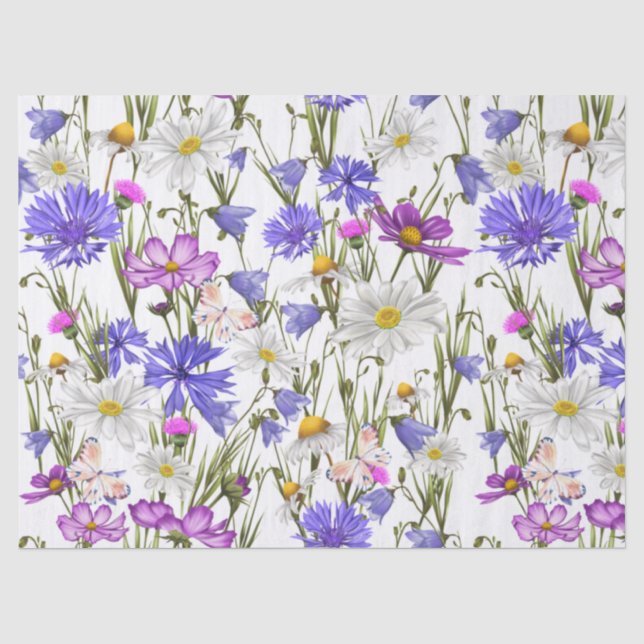 White, Blue and Purple Wildflowers Botanical  Tissue Paper (Front)