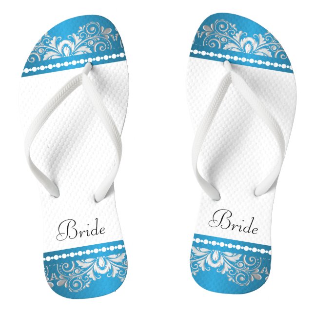 White, Blue and Silver Lace | Wedding Party Flip Flops (Footbed)