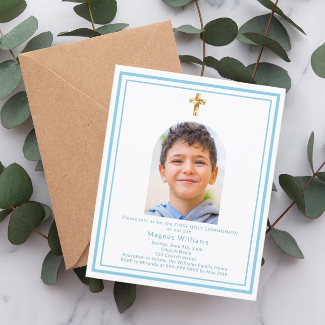 White blue arch photo First Communion invitation (Creator Uploaded)