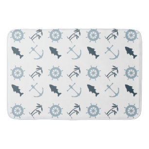 White Blue Beach Anchors Palm Trees Bath Mat