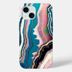 White Blue Black Pink Teal Agate Geode iPhone 15 Case