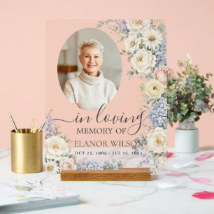 White Blue Blush Floral Photo Funeral Memorial Acrylic Sign