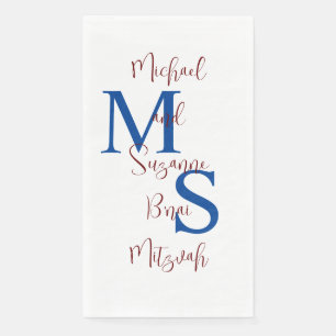 White Blue Burgundy B'nai Mitzvah Name Monogram  Napkin