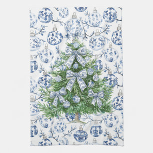 White Blue Christmas Ornaments Tree with Bows Kitchen Towel