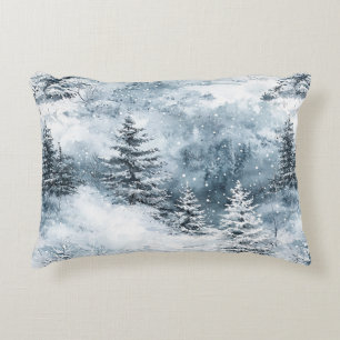 White Blue Christmas Trees Winter Snow Accent Pillow