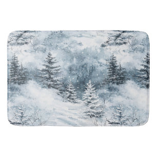 White Blue Christmas Trees Winter Snow Bath Mat
