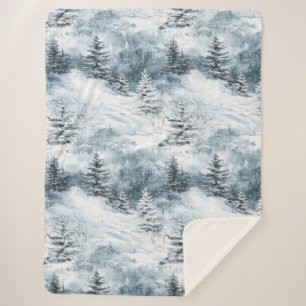 White Blue Christmas Trees Winter Snow Sherpa Blanket