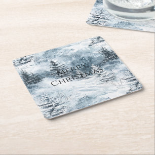 White Blue Christmas Trees Winter Snow Square Paper Coaster