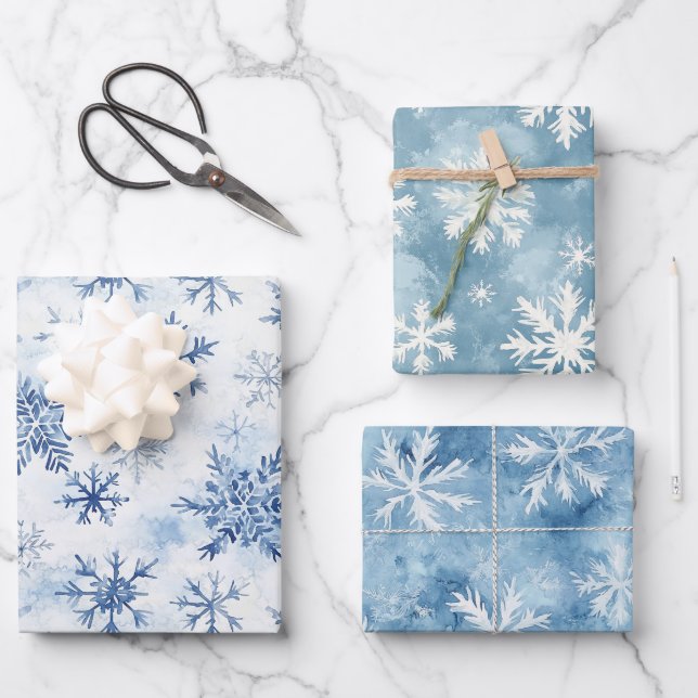 White Blue Christmas Winter Snowflakes Wrapping Paper Sheet (Front)