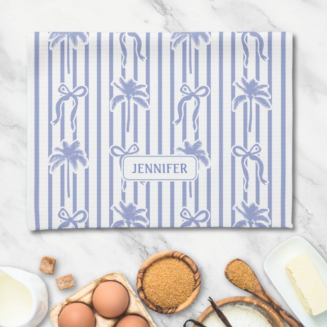 White Blue Coastal Chic Palm Trees Bows Stripes Kitchen Towel (In situ)