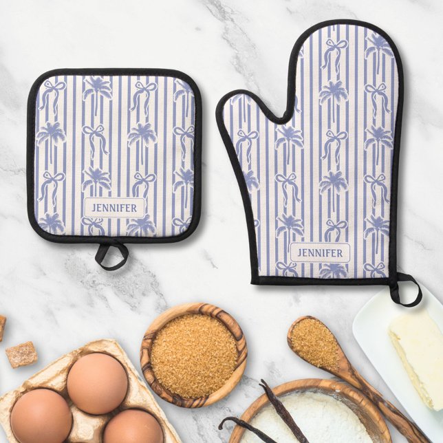 White Blue Coastal Chic Palm Trees Bows Stripes Oven Mitt & Pot Holder Set (In situ)