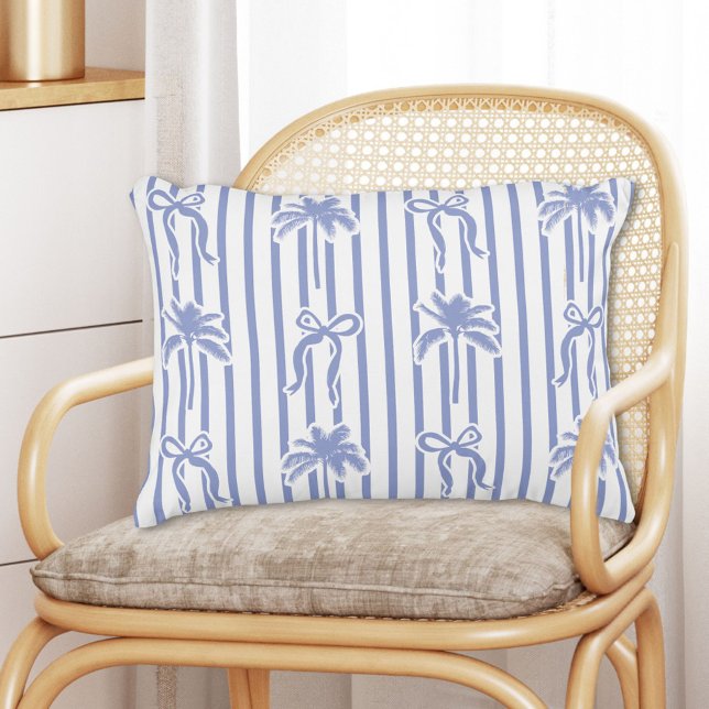 White Blue Coastal Palm Trees Bows Stripes Pattern Accent Pillow (In situ)