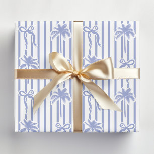 White Blue Coastal Palm Trees Bows Stripes Pattern Wrapping Paper Sheet