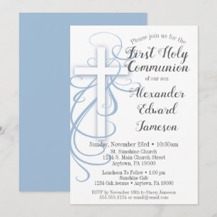 White Blue Cross First Holy Communion Invitation