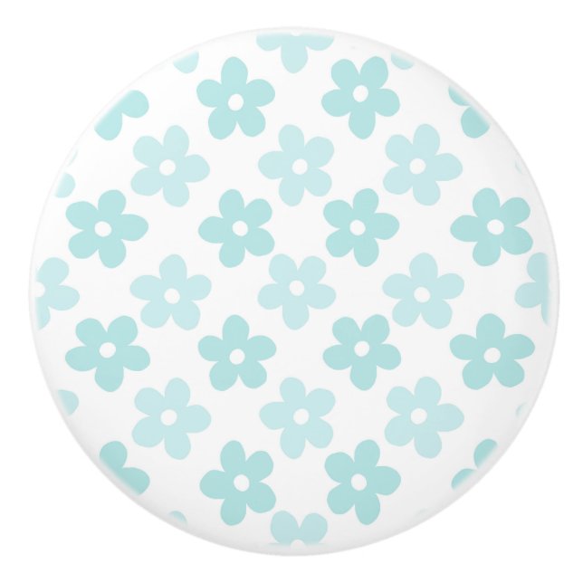 White Blue Daisy Flowers Retro Pattern Ceramic Knob (Front)