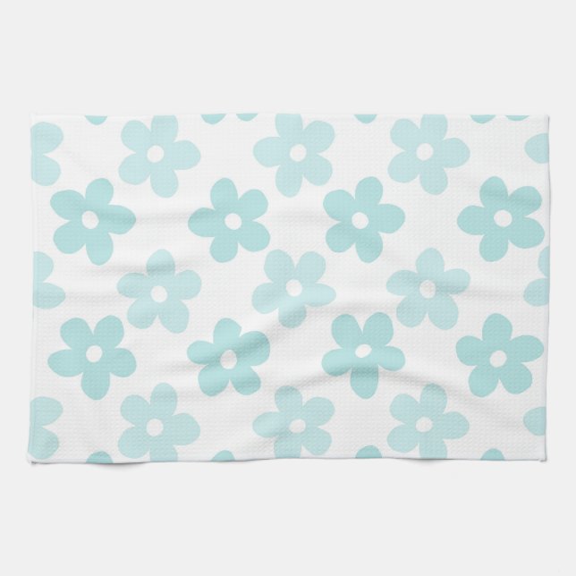 White Blue Daisy Flowers Retro Pattern Kitchen Towel (Horizontal)