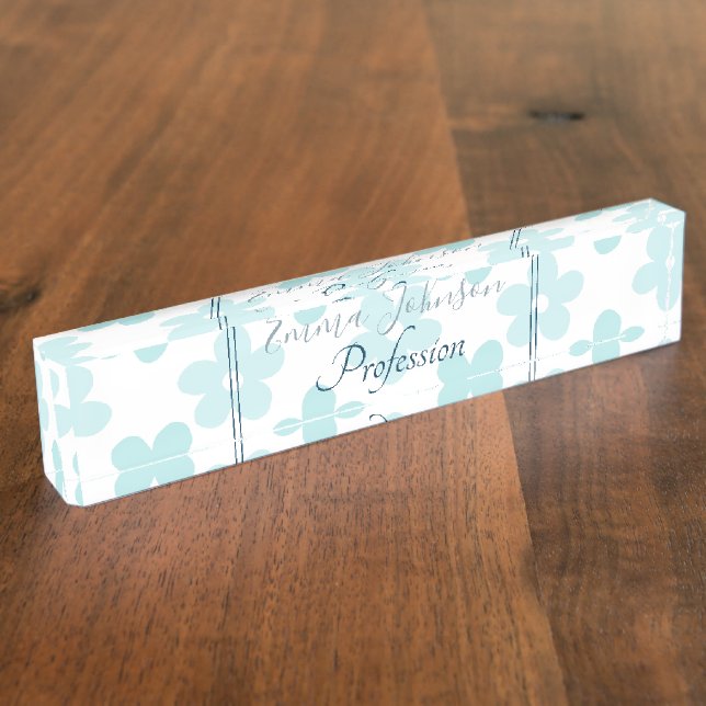 White Blue Daisy Flowers Retro Pattern Nameplate (Side)