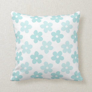 White Blue Daisy Flowers Retro Pattern Throw Pillow
