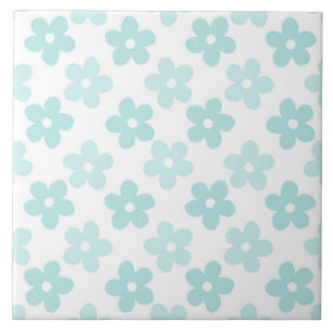 White Blue Daisy Flowers Retro Pattern Tile