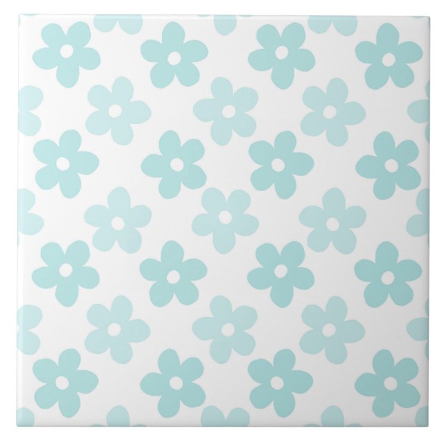 White Blue Daisy Flowers Retro Pattern Tile (Front)