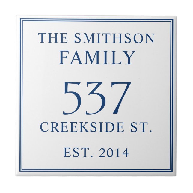 White & Blue Date Established Address House Plaque Tile (Front)