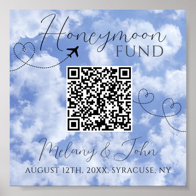 White & Blue Elegant QR Code Honeymoon Fund Sign (Front)