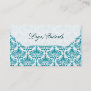 White & Blue Elegant Retro Floral Damask Business Card