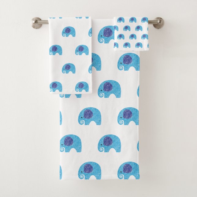 WHITE BLUE  ELEPHANT BATHROOM TOWEL SET (Insitu)
