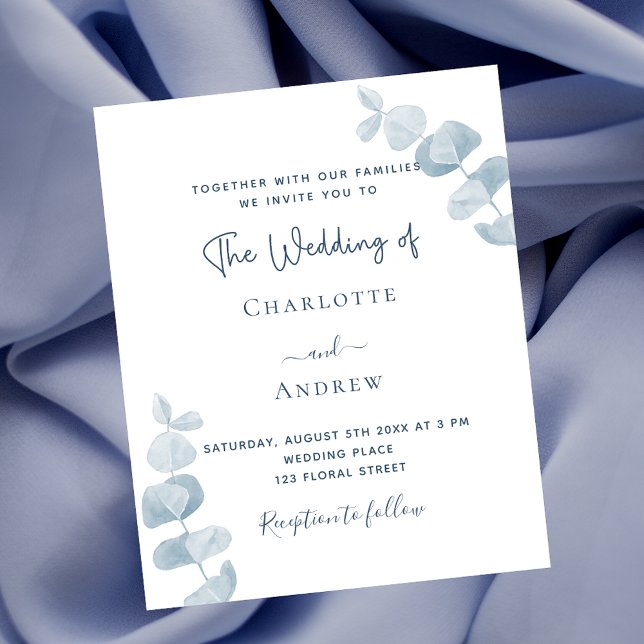White blue eucalyptus budget wedding invitation (Creator Uploaded)