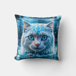 White Blue-Eyed Cat Encased in Ice Cube Throw Pillow