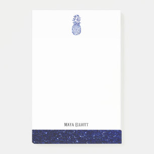 White + Blue Faux Glitter Pineapple & Border, Name Post-it Notes