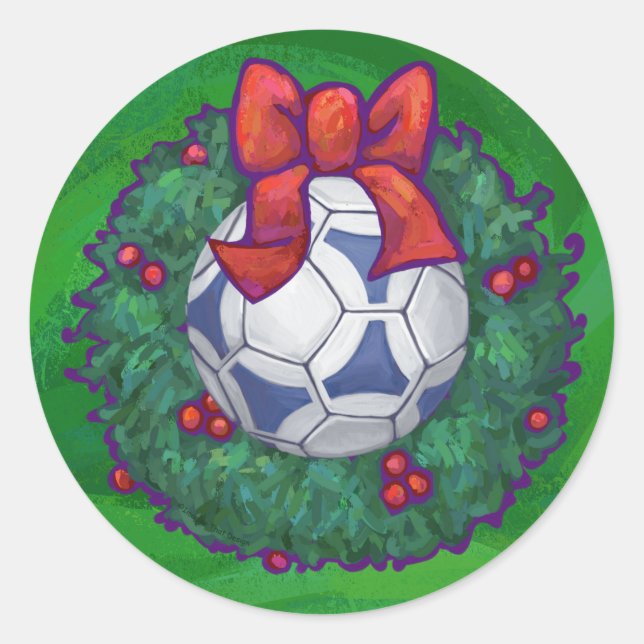 White, Blue Festive Soccer Ball on Green Classic Round Sticker (Front)