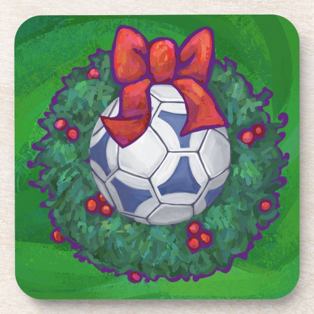 White, Blue Festive Soccer Ball on Green Coaster (Front)