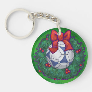 White, Blue Festive Soccer Ball on Green Keychain