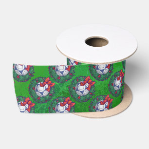 White, Blue Festive Soccer Ball on Green Satin Ribbon