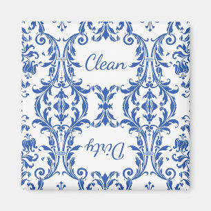 White Blue Floral Damask Dishwasher Clean Dirty Magnet