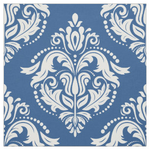 White & Blue Floral Damasks Geometric Pattern Fabric
