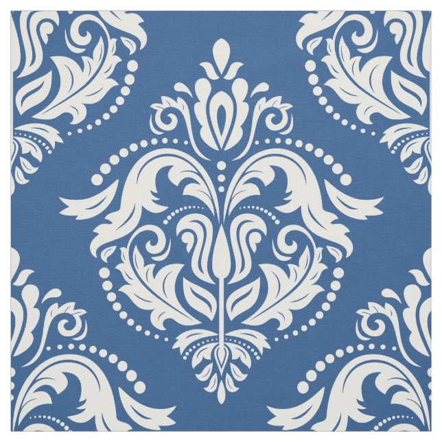 White & Blue Floral Damasks Geometric Pattern Fabric (Swatch)