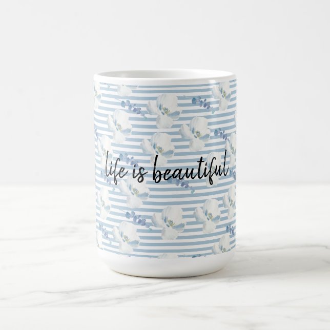 White Blue Floral Eucalyptus Stripes Coffee Mug (Center)