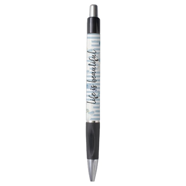 White Blue Floral Eucalyptus Stripes Pen (Front Vertical)